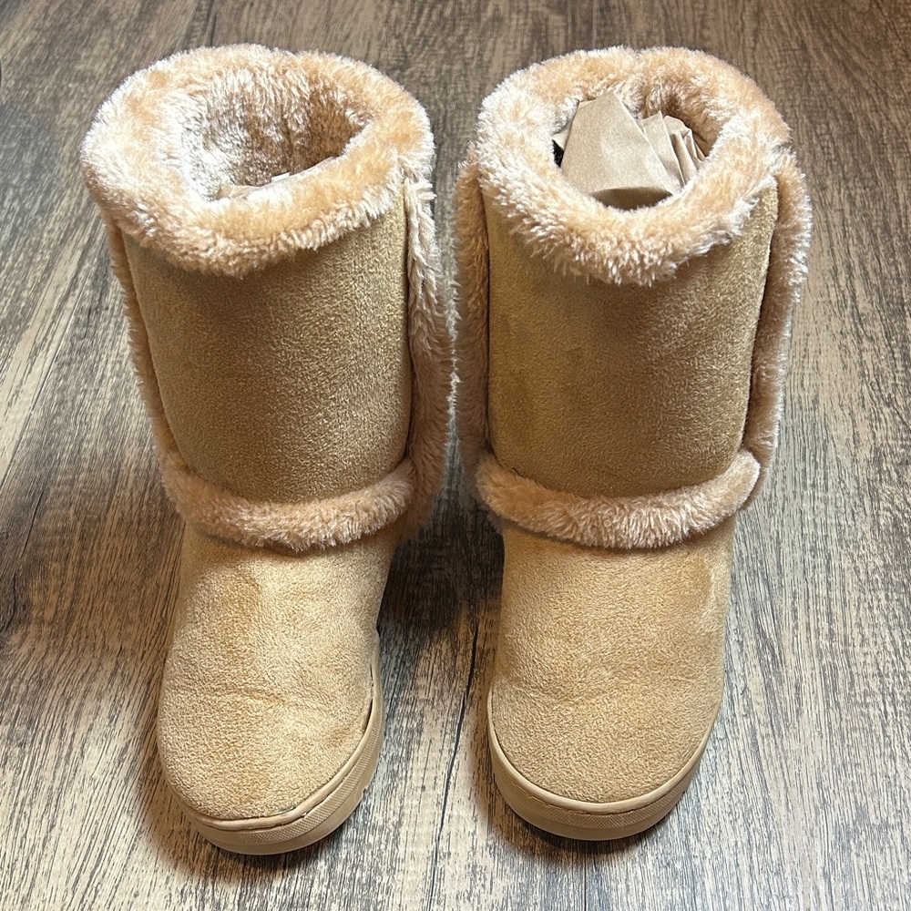 Bebe Tan Faux Fur Boots with Pom Poms